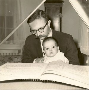 dad and me at harpsichord in Hamden